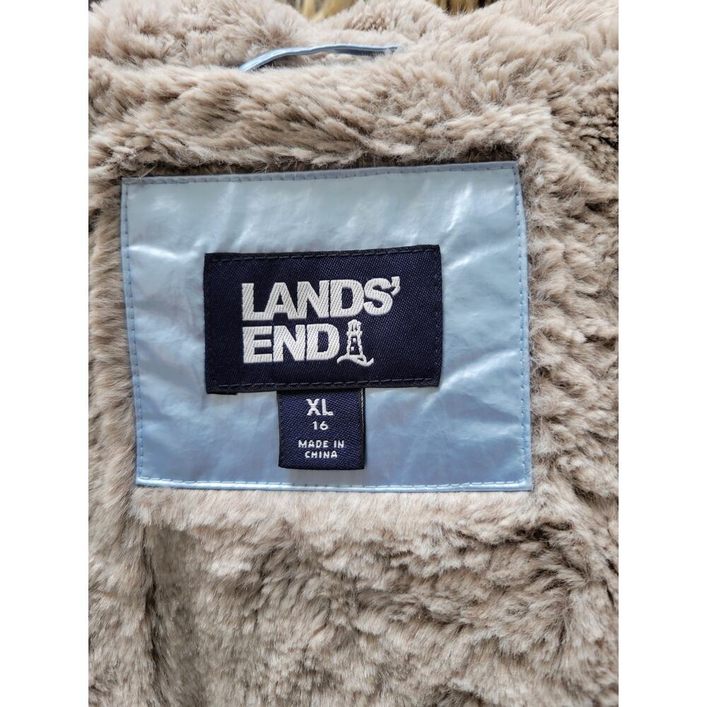 Lands End Blue Metallic Soft Puffer Parka Jacket Faux Fur Lined Girls XL 16 Coat - Picture 5 of 6